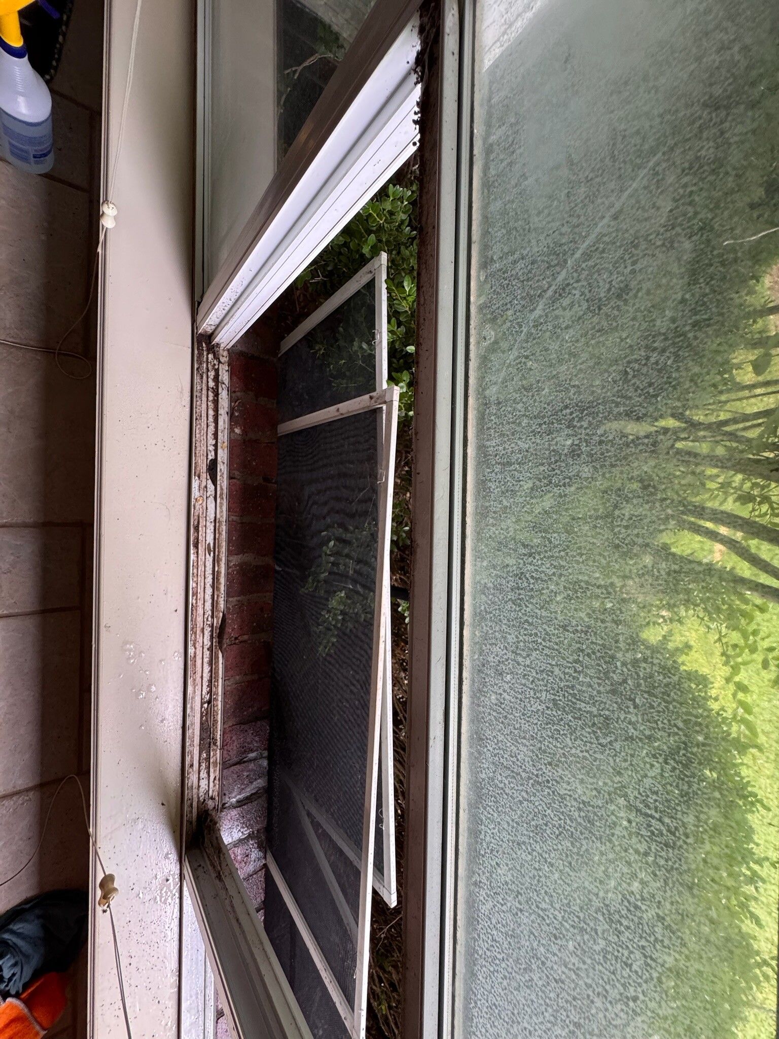 Open window with debris on sill, overlooking green foliage through a pane covered in water droplets.