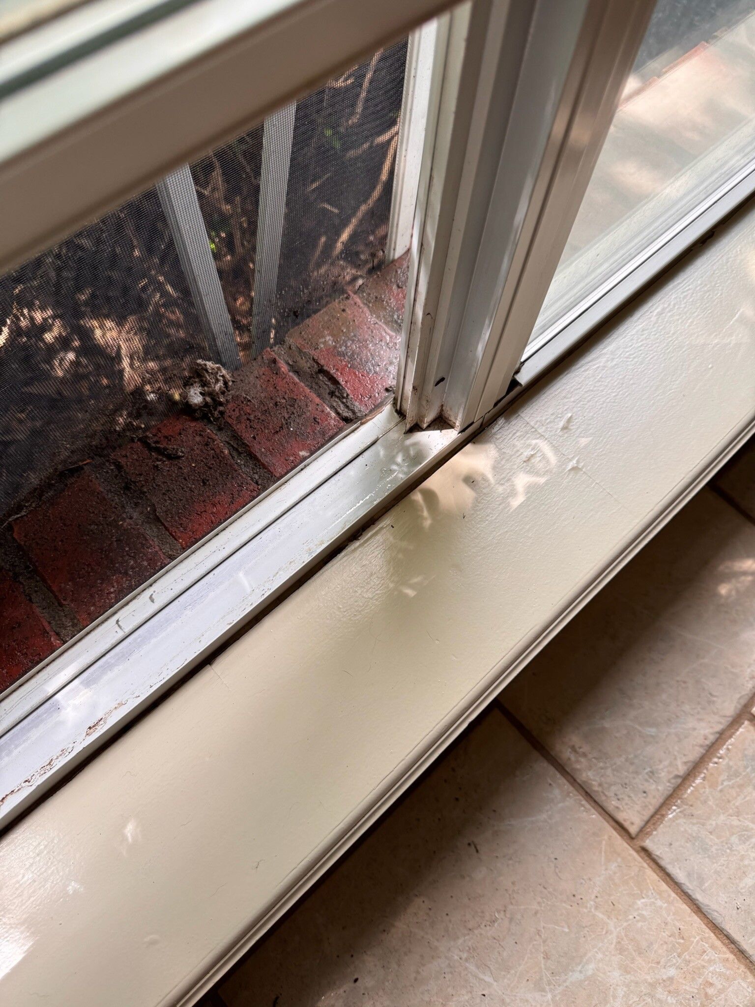 Close-up of a window frame with water damage and condensation. A tiled floor and brick exterior are visible.