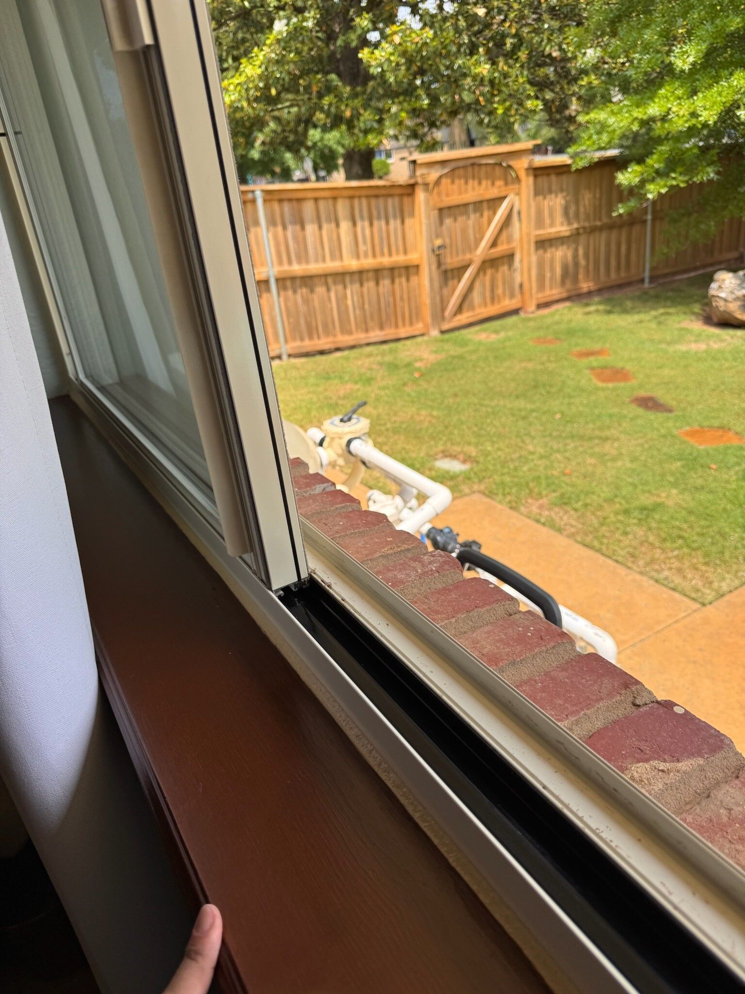 A window overlooking a backyard with a brick ledge, brown leather-like surface, and a wooden fence.