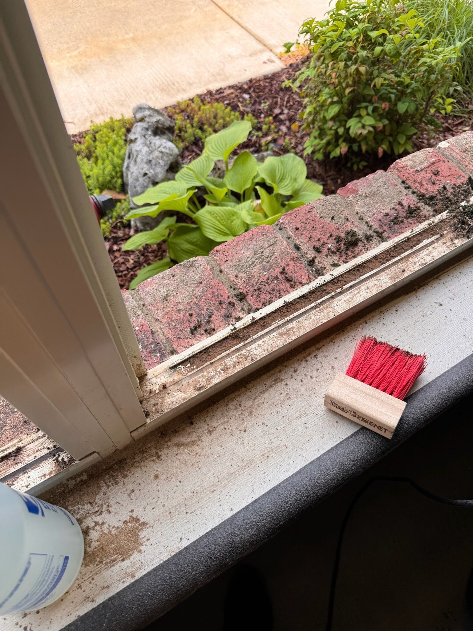 Window sill with brush and cleaner, covered in debris, plants visible outside.