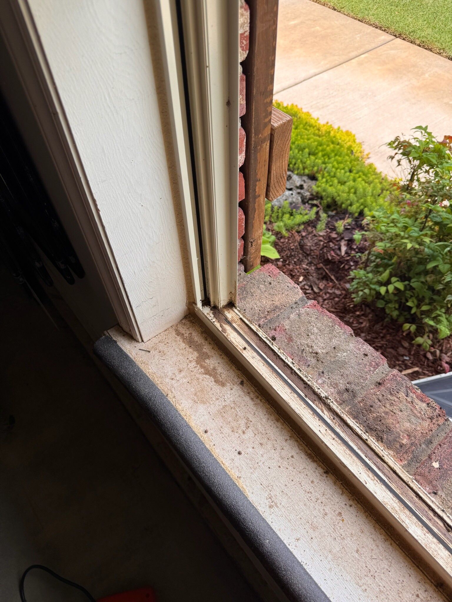 Window frame with dirt and foam seal, view of outside brick wall, grass, and foliage.