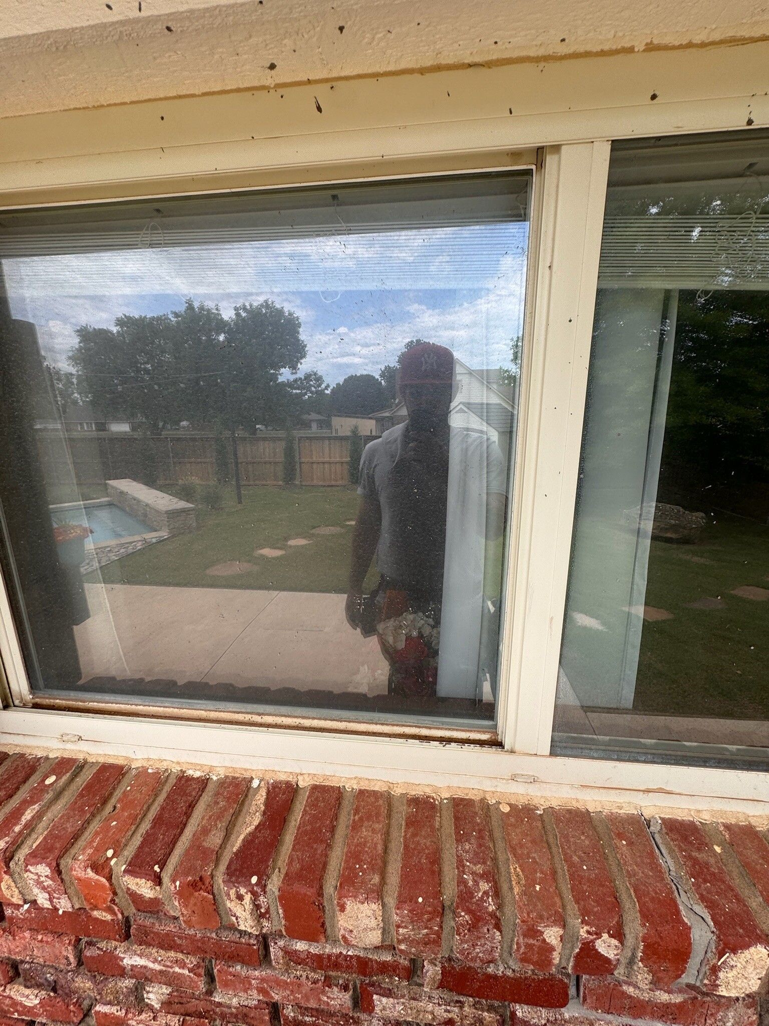 Person reflected in a dirty window; looking at a backyard with a pool and trees.