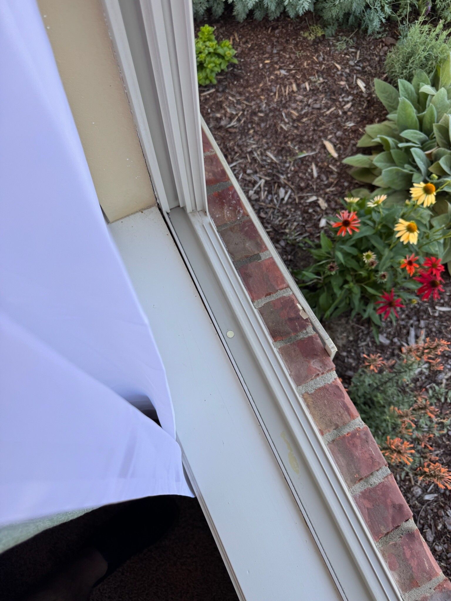 Window frame with a white curtain, looking out at a garden with flowers and brick.