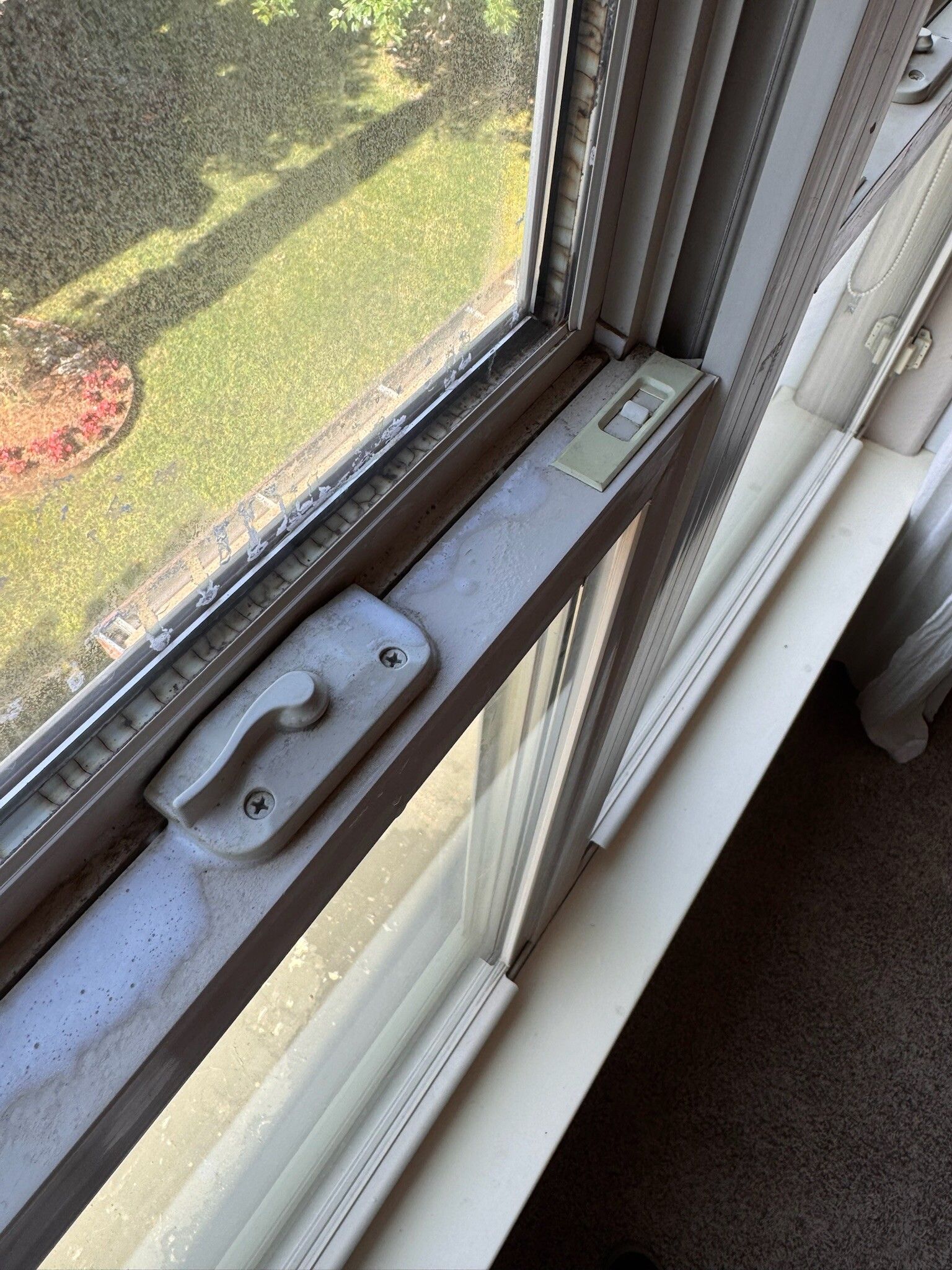 Close-up of a white window with a locking mechanism, overlooking a grassy lawn and trees.