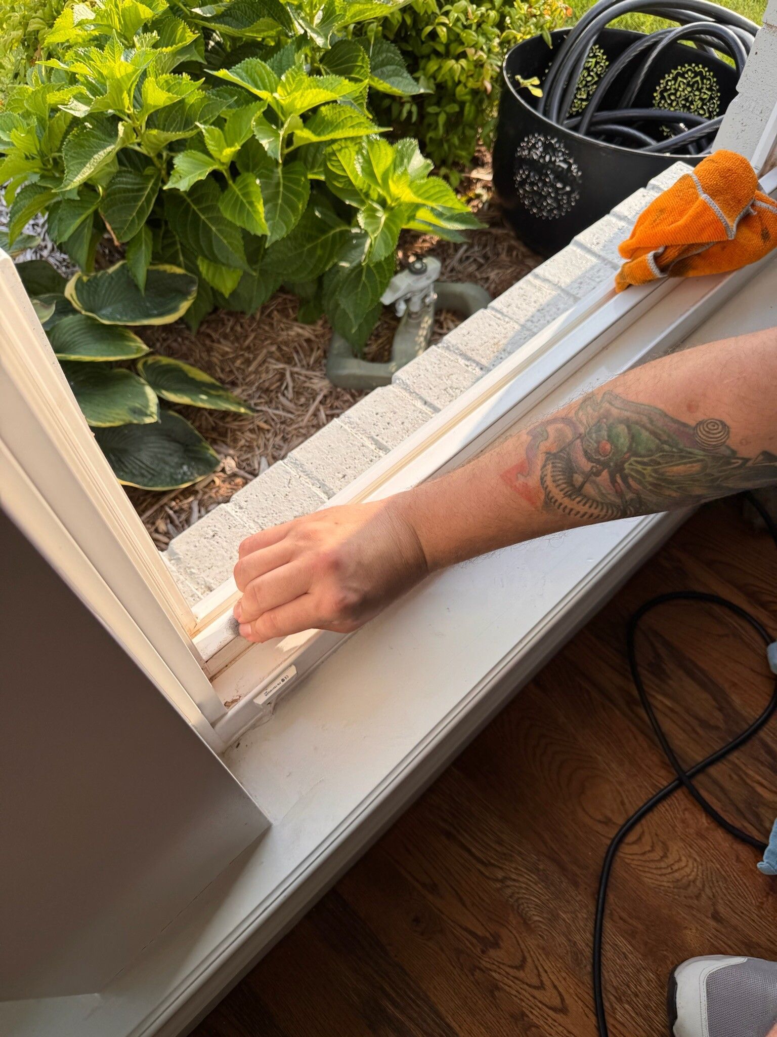 Person cleaning a white window frame with a rag; plants and hose visible outside.