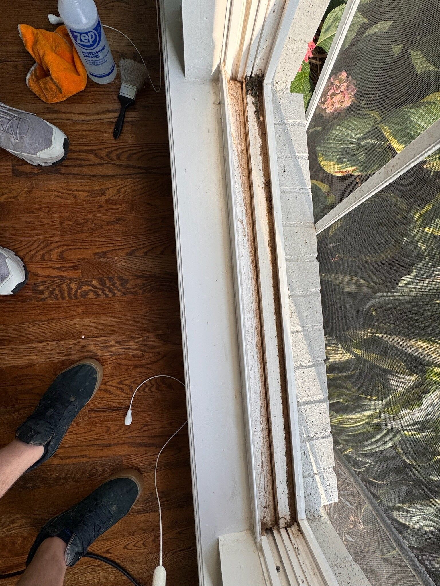 Close-up of a window frame with brown residue. A person's shoes and cleaning supplies are visible on the floor.