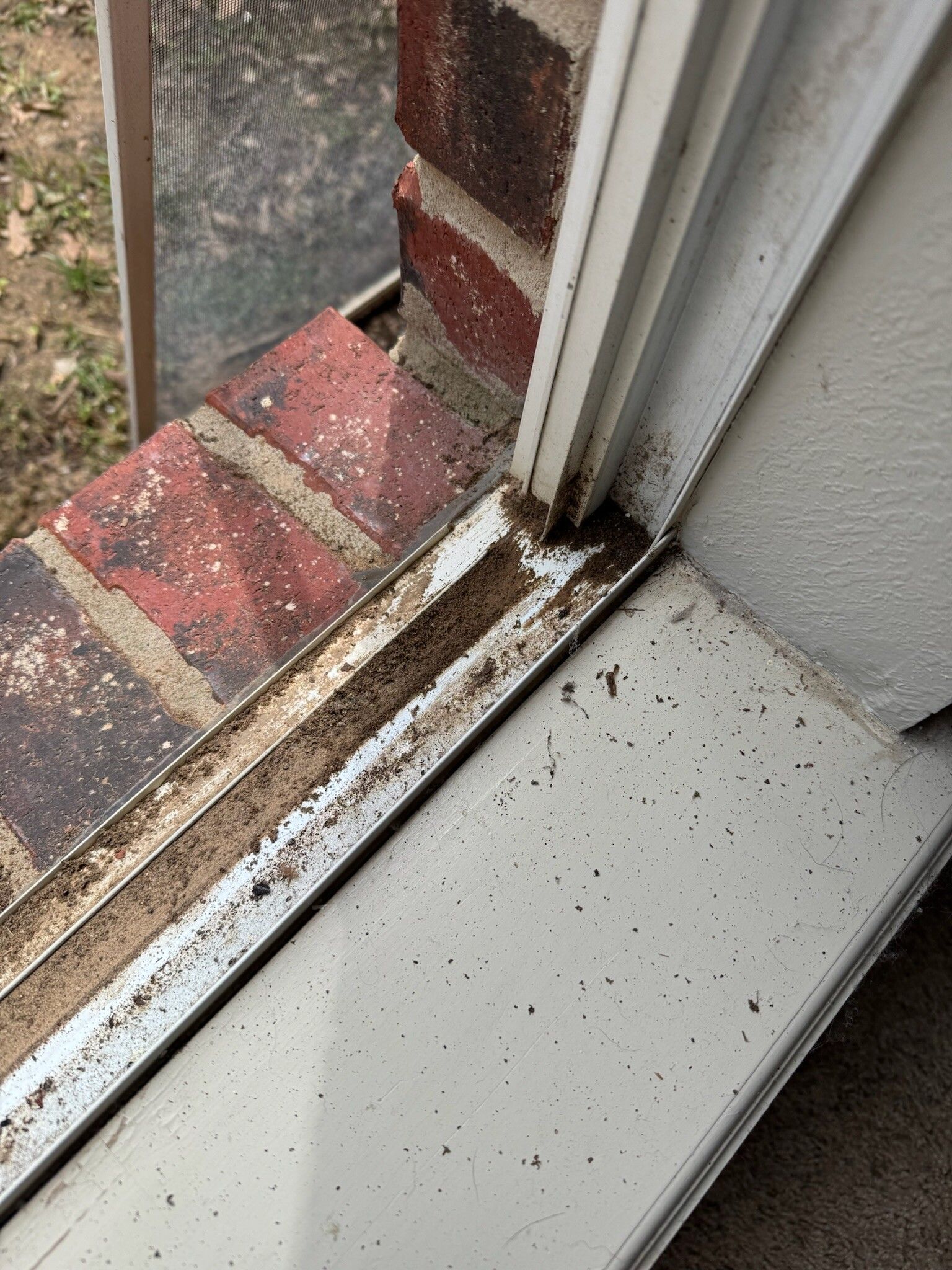 Close-up of a dirty window sill with debris between the window frame and brick wall.