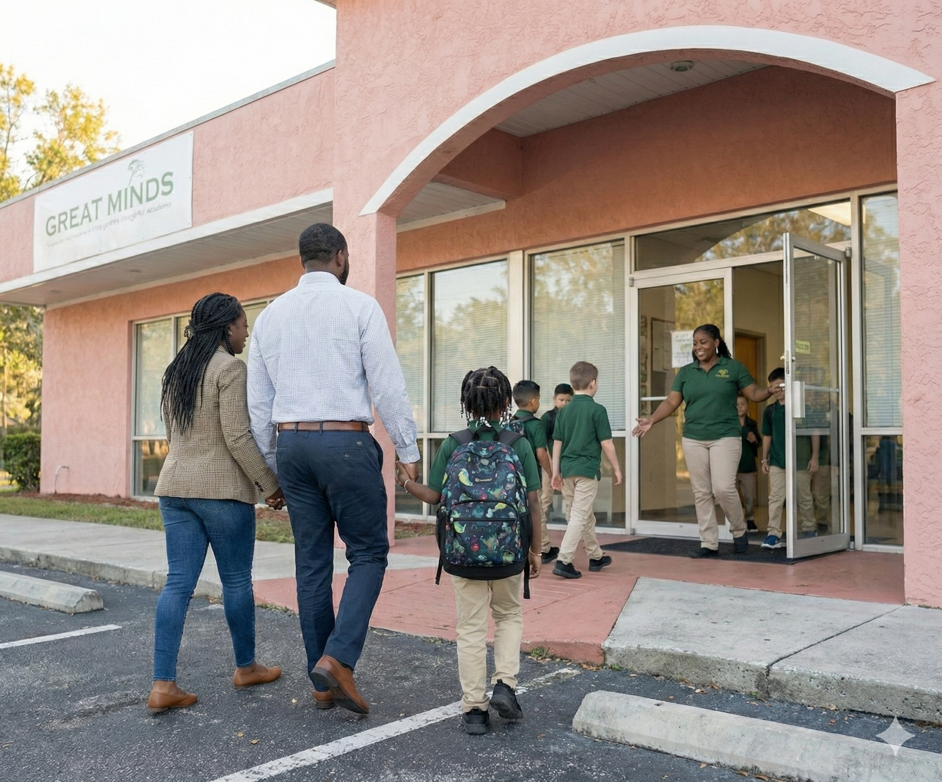 Family walking into a school building labeled