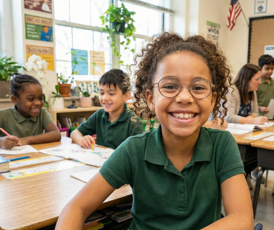 Smiling child in glasses at desk in a classroom, with other students and teacher in background.