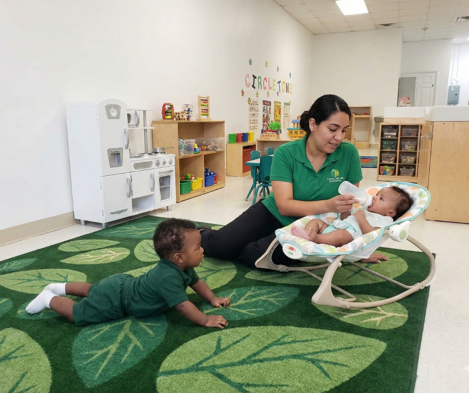 Woman feeding a baby a bottle in a playroom, another baby on a mat.