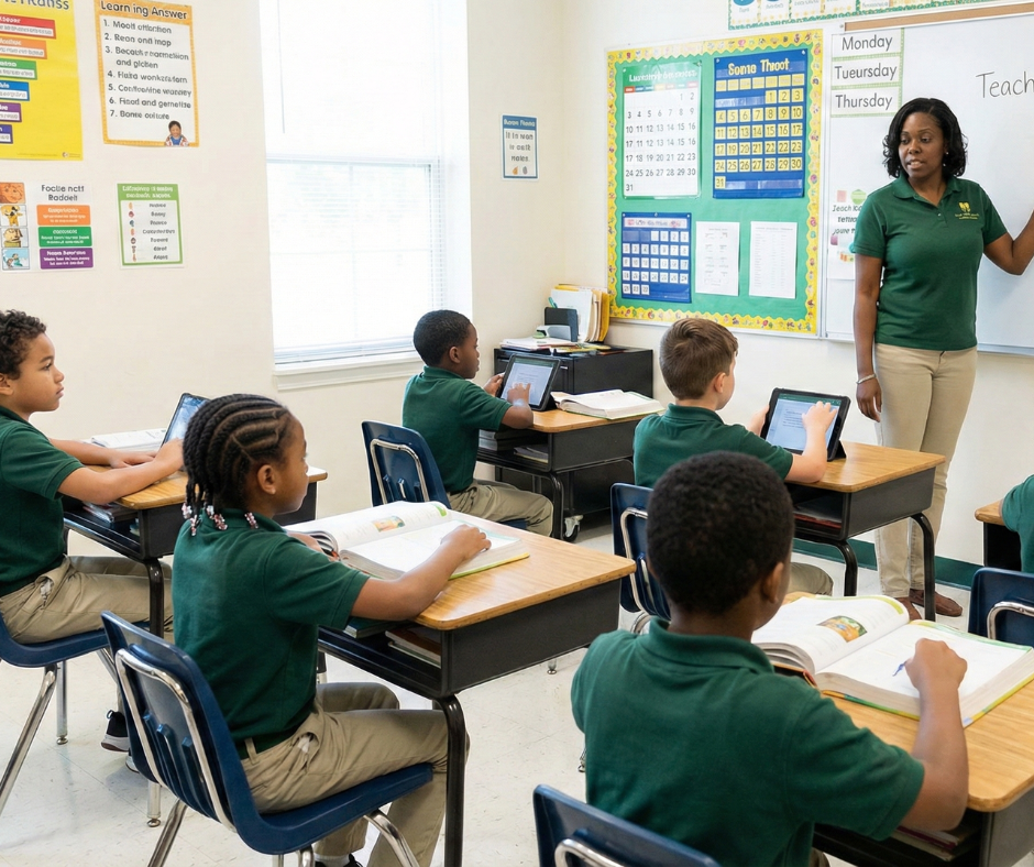 Teacher showing children an abacus in a classroom.