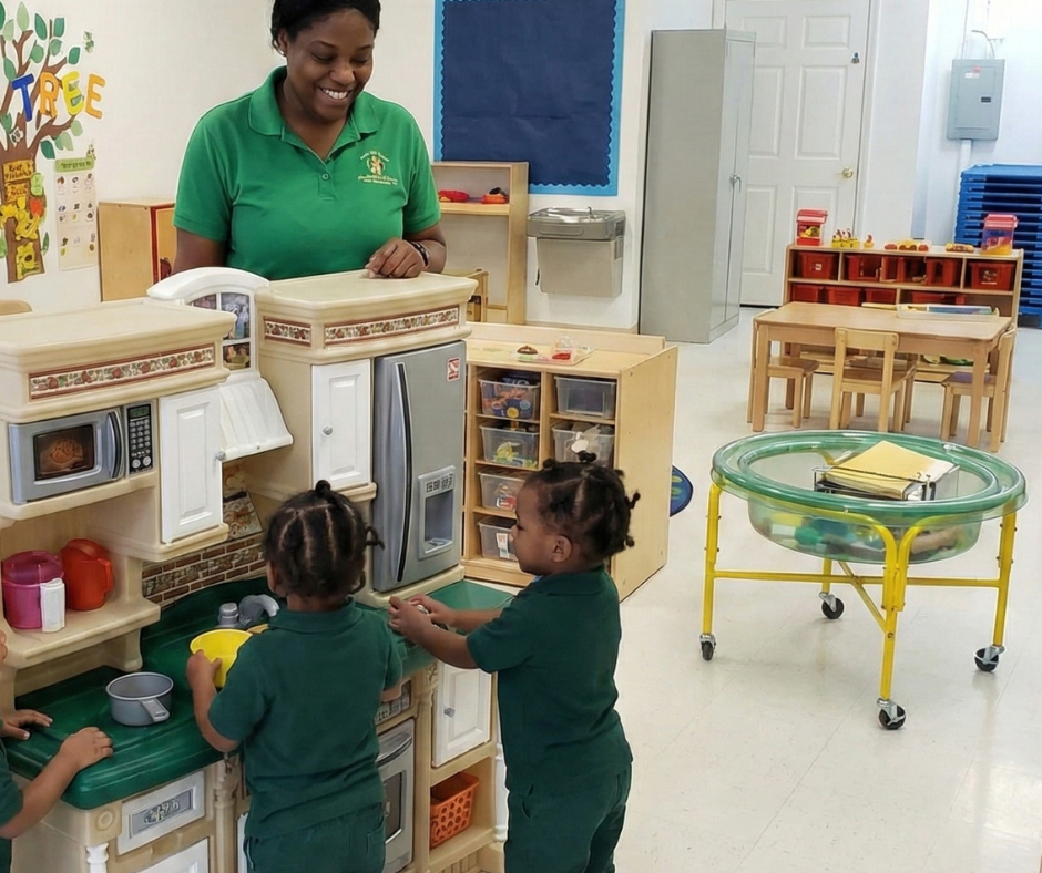 Teacher and two children playing with colorful blocks at a table in a classroom.