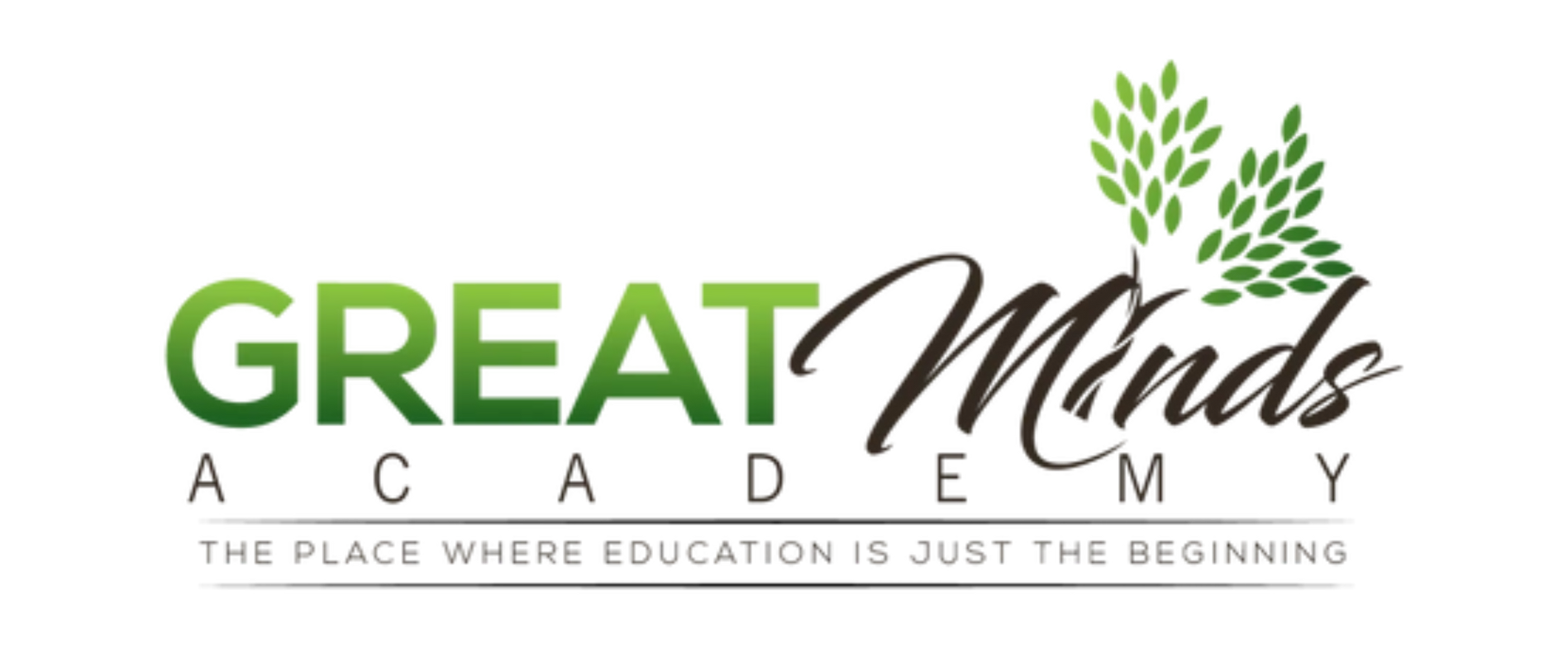 Logo for Great Minds Academy. Green text with the words