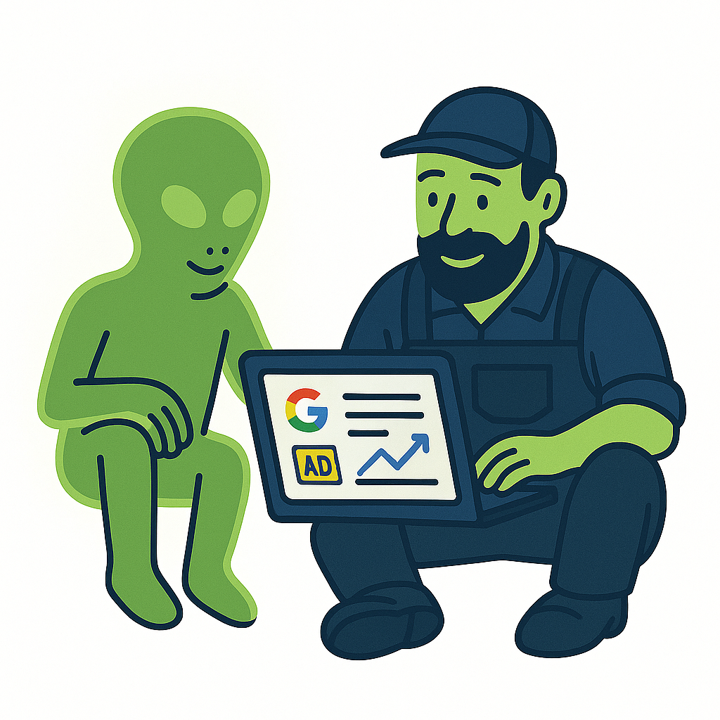 Handyman pointing towards a computer with UFO in background