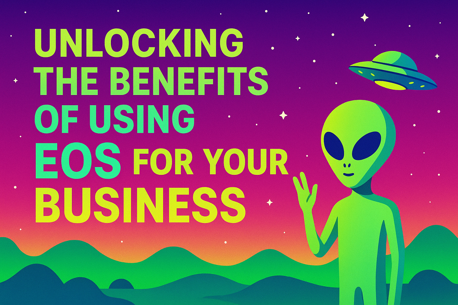 Pixelated alien waves next to a UFO over a vibrant sunset. Text reads, 