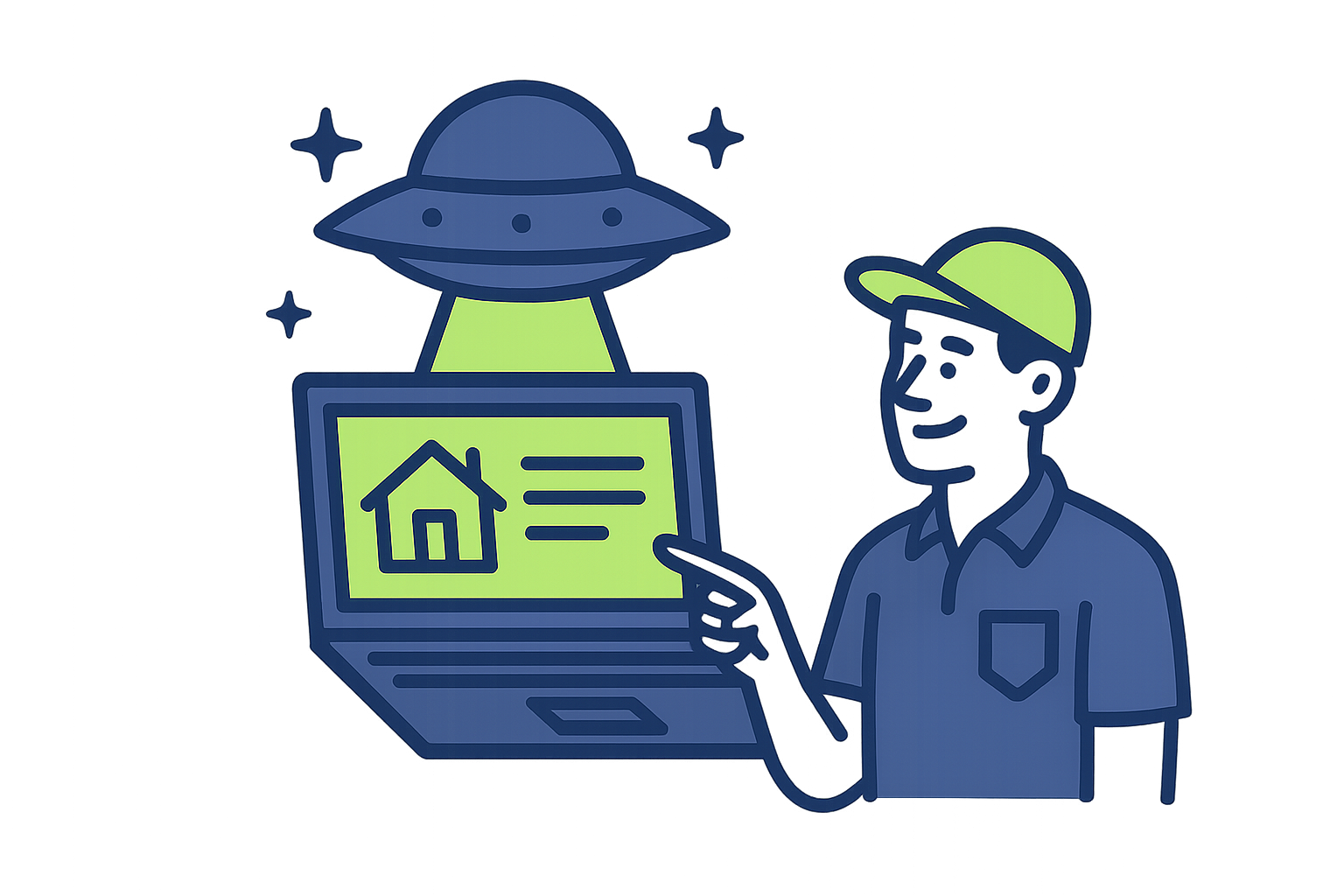 Handyman pointing towards a computer with UFO in background