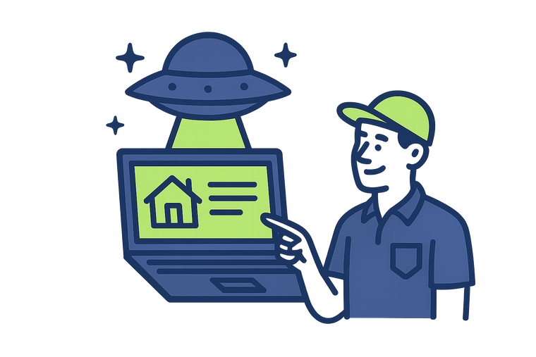Man pointing at laptop screen showing house icon with UFO beaming down.