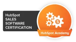 HubSpot Sales Software Certification badge. Orange circle with gears and 