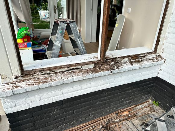 Er staat een ladder voor een raam dat beschadigd is door termieten.