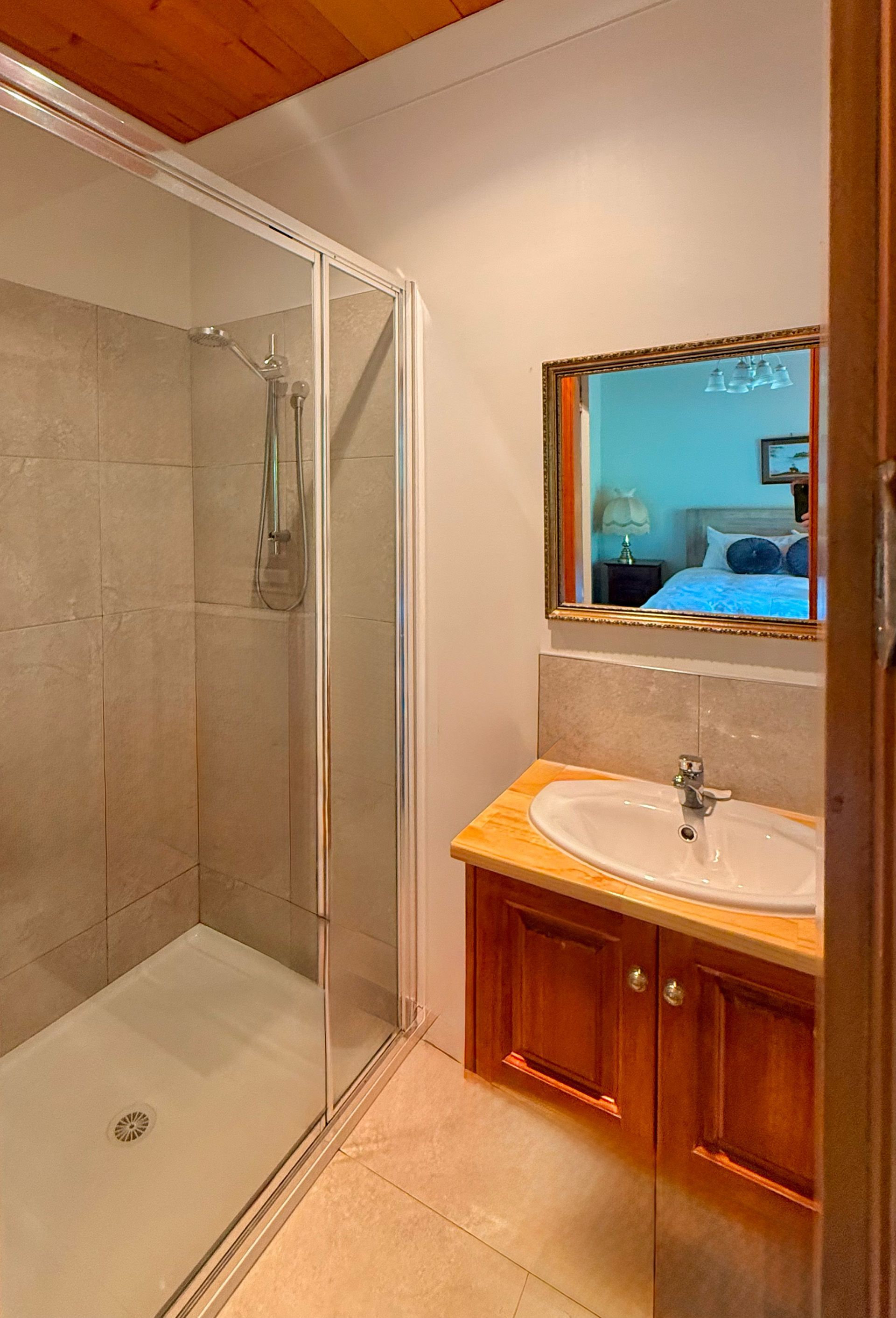 A bathroom with a sink , shower , and mirror.