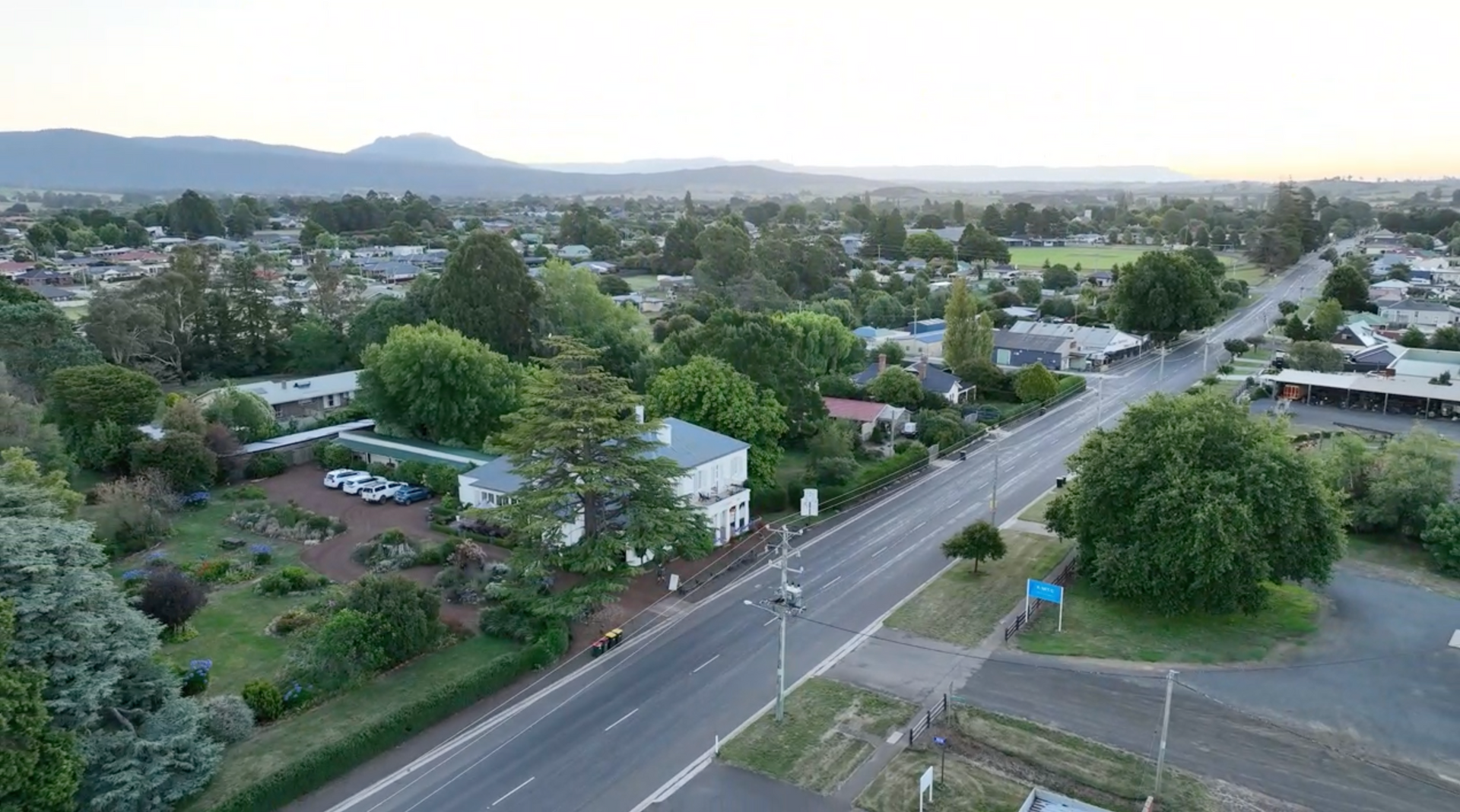 The historical fitzpatricks in from the air, this is a drone shot looking down the main road towards westbury centre