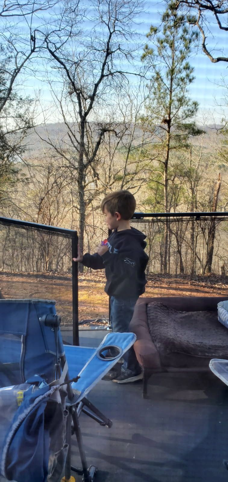 A young boy is standing on a balcony looking out over a forest.