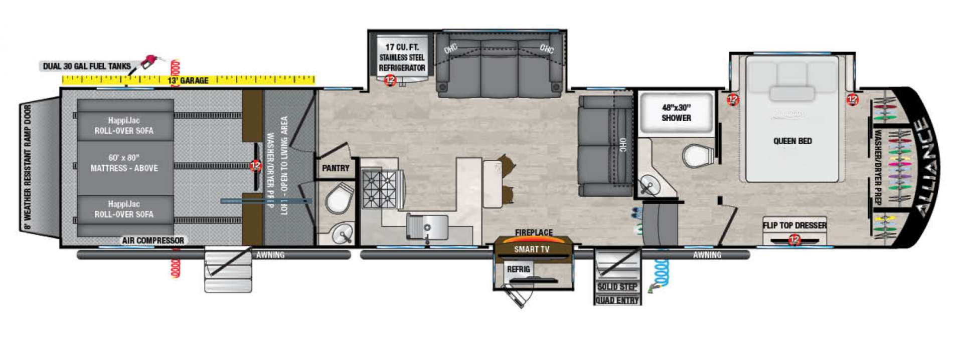 A floor plan of a rv with a bed , kitchen , and bathroom.