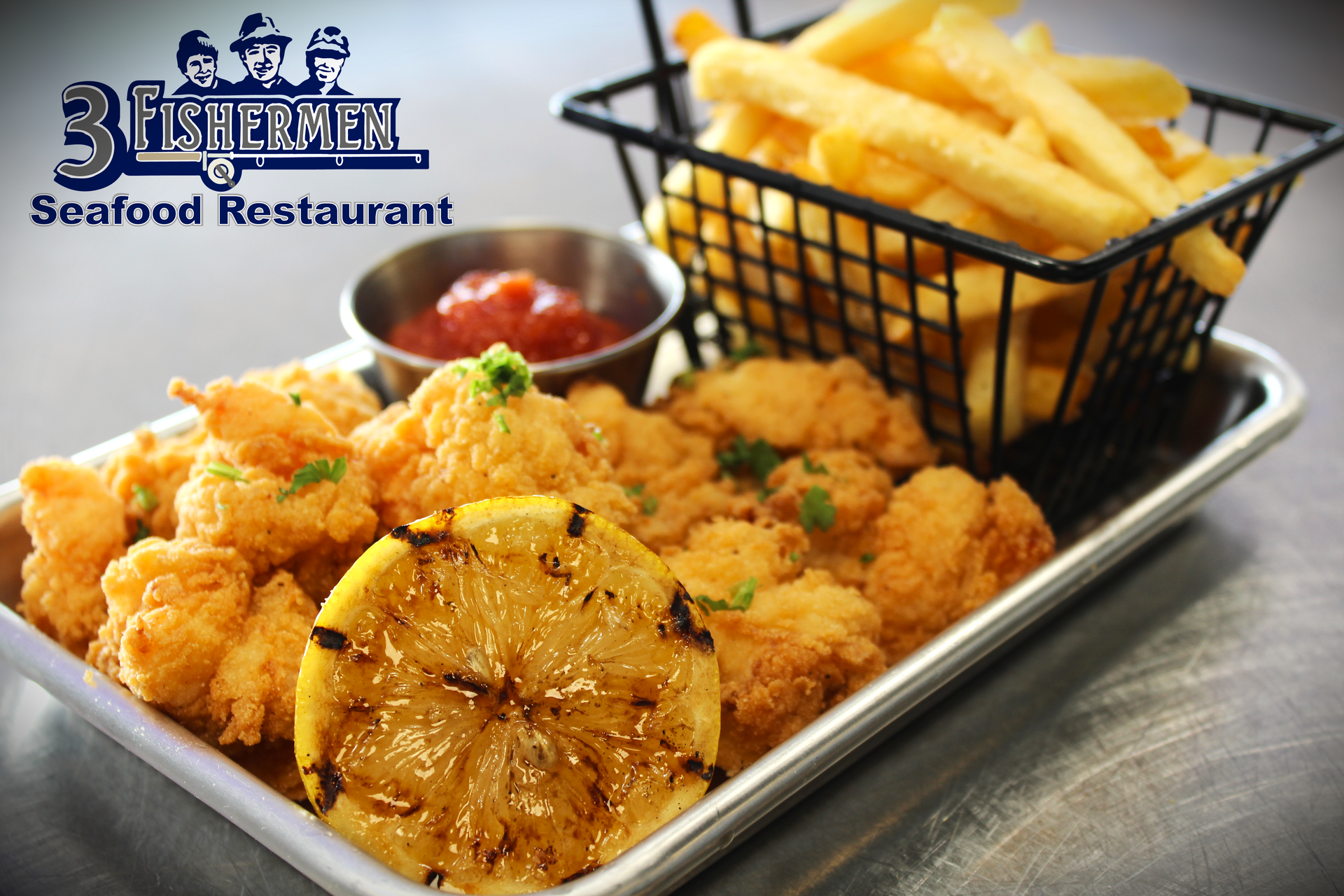 A tray of fried shrimp and french fries from a seafood restaurant