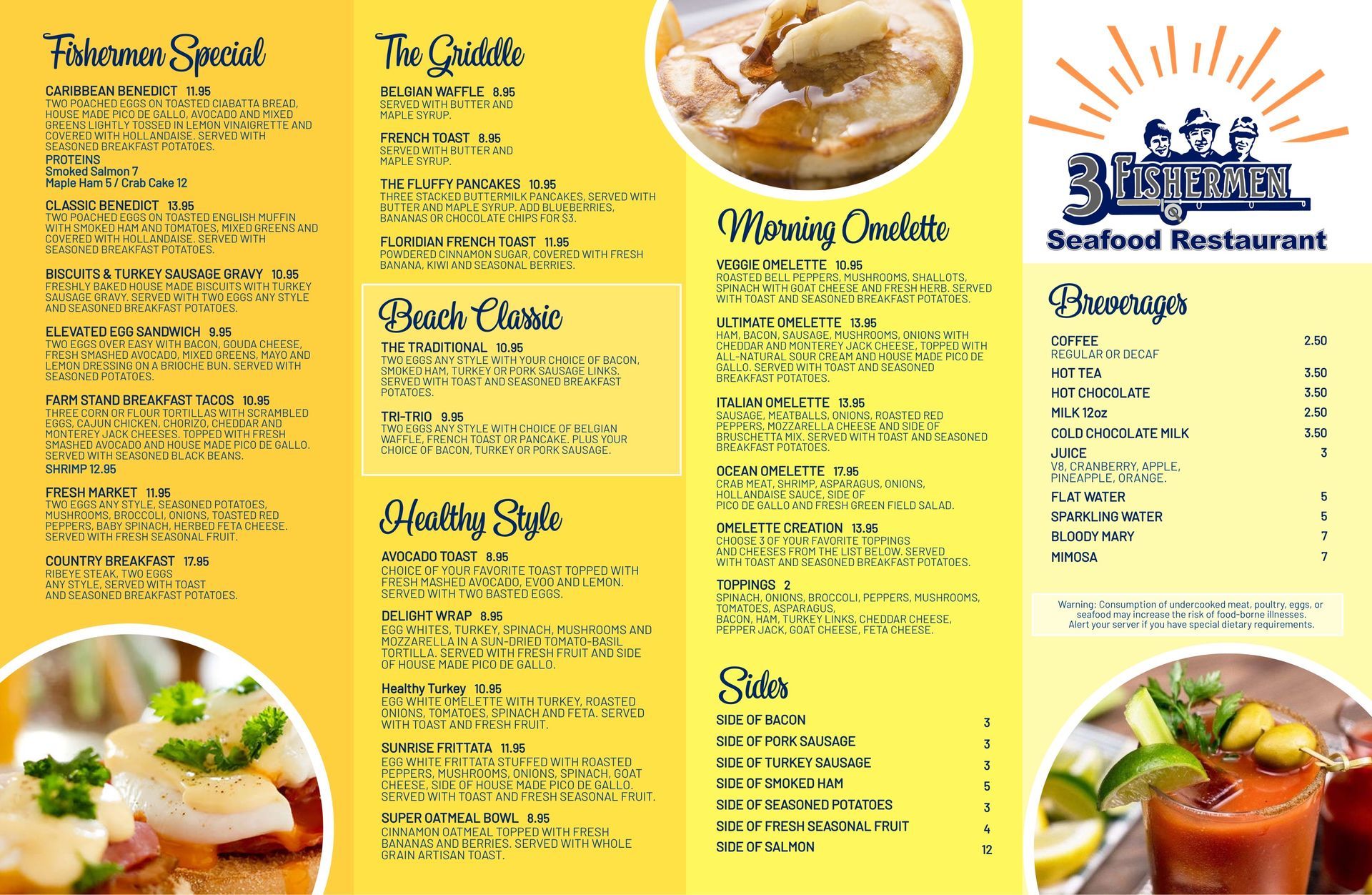 A menu for a seafood restaurant with pictures of food and drinks