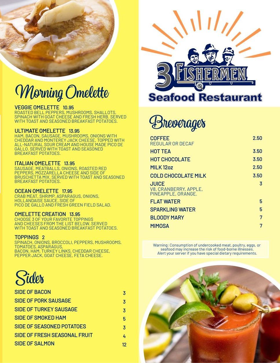 A menu for a seafood restaurant with a picture of food and drinks.