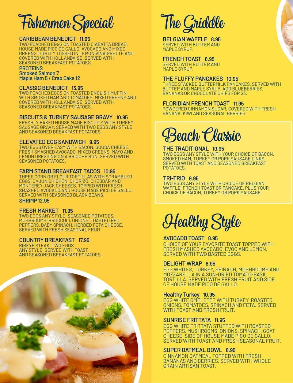 A yellow menu with a picture of food on it