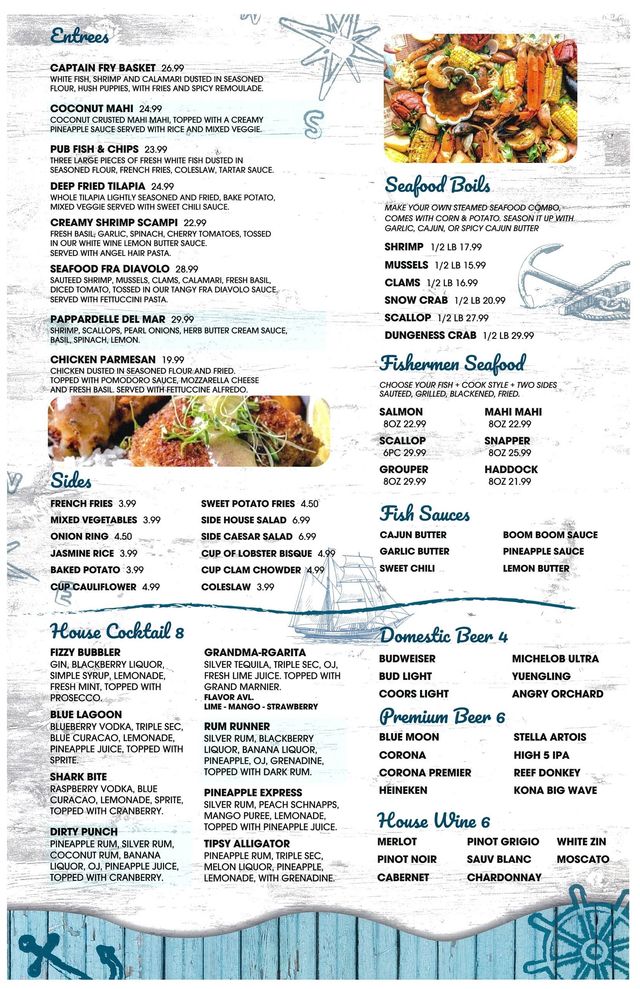 Restaurant menu with seafood, salads, sides, and beverages, set against a blue and white nautical background.