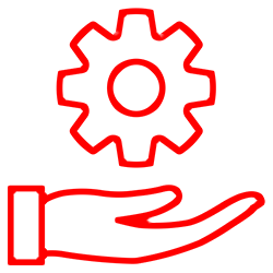 A red line drawing of a hand holding a gear.