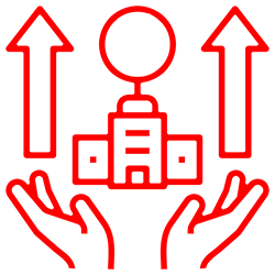 A pair of hands holding a building with arrows pointing up.