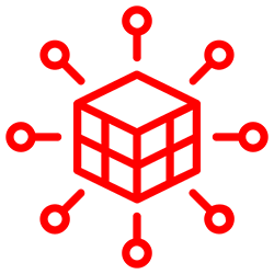 A red icon of a cube with keys around it.