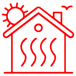 A red line drawing of a house with a sun on the roof.