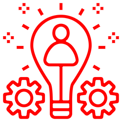 A red light bulb with a person inside of it and gears around it.