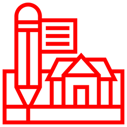 A red line drawing of a factory with a silo and buildings.