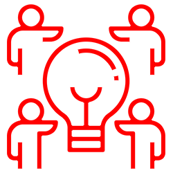 A group of people standing around a light bulb.