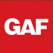 A red and white logo for a company called gaf.
