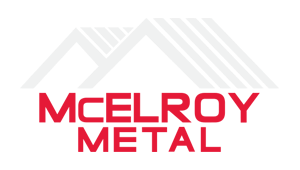 A red and white logo for mcelroy metal