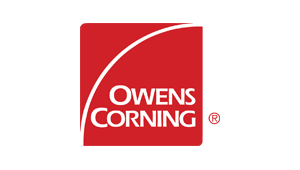 The logo for owens corning is a red square with a white arrow in the middle.