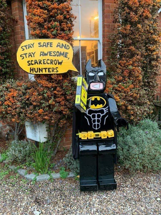 Lego Batman scarecrow with a speech bubble that reads 