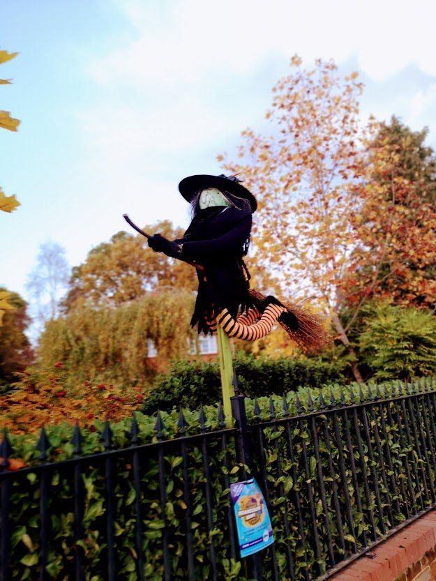 Witch on broomstick decoration atop a fence; fall foliage background.