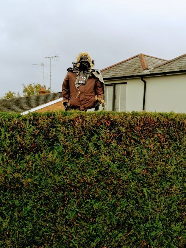 Scarecrow wearing a brown jacket atop a green hedge, with a house and overcast sky in the background.