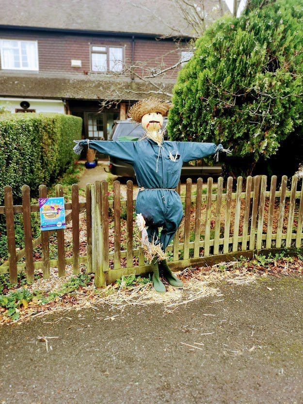 Scarecrow in blue overalls, straw hat, standing on the edge of a road in front of a fence and residential houses.