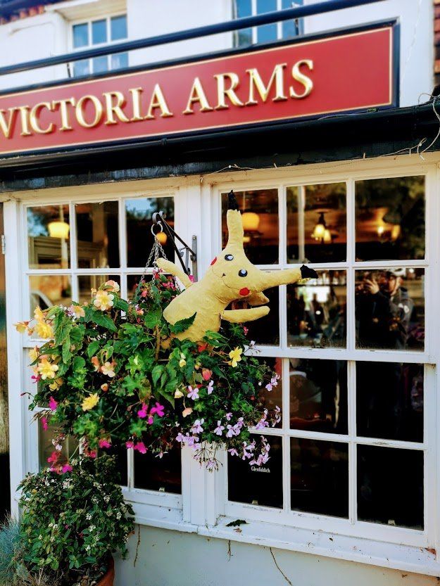 Pikachu plush in a hanging basket of flowers outside 