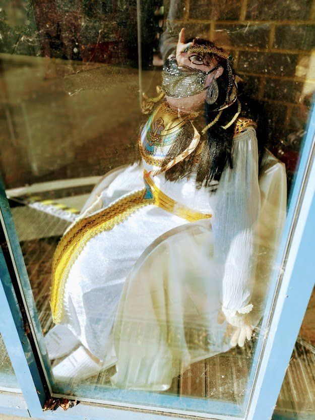 Person in elaborate golden and white costume behind glass.