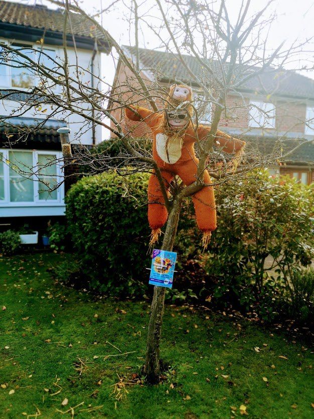 A stuffed monkey costume in a tree, with a small monkey plush. A sign is attached to the tree.