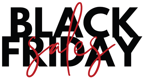 Black Friday sales graphic in black text with red script